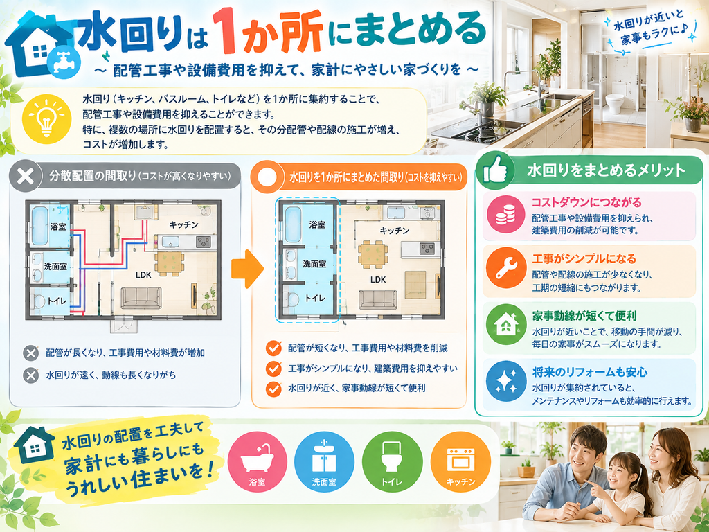 Consolidate the plumbing areas in one location.