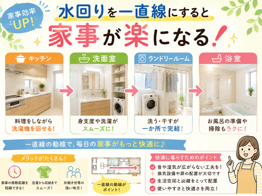 Arranging the water-related areas in a straight line makes housework easier.