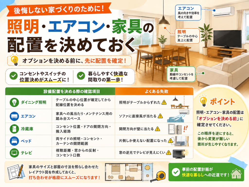 Decide on the placement of lighting, air conditioning, and furniture.