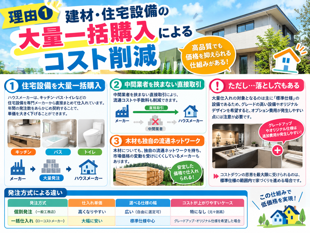 Reason 1: Cost reduction through bulk purchasing of building materials and housing equipment.