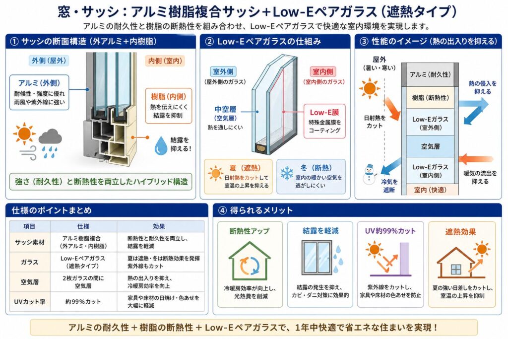 Windows and sashes: Aluminum-resin composite sashes + Low-E double-glazed glass
