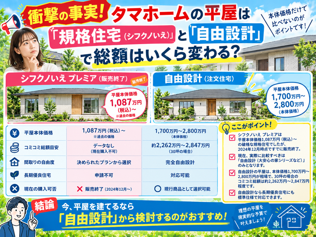 A Surprising Fact! How Much Does the Total Cost Differ Between Tamahome’s "Standardized Home" (Shifuku no Ie) and "Custom-Designed Home" Single-Story Models?