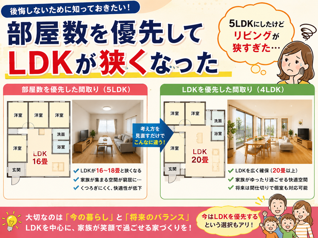 Prioritizing the number of rooms resulted in a smaller living, dining, and kitchen area.
