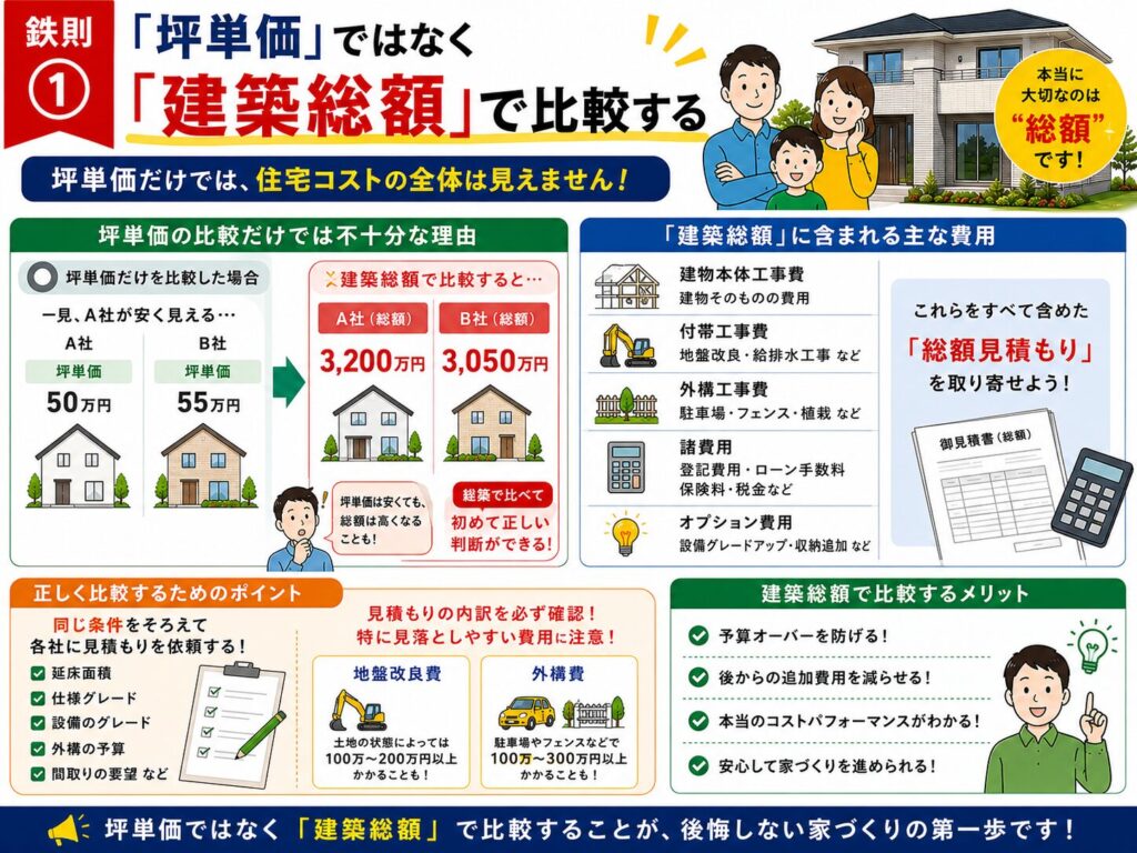 Rule #1: Compare based on the "total construction cost," not the "price per square meter."