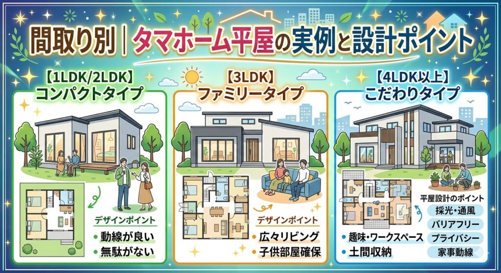 Examples and design points of Tama Home's single-story houses by floor plan.